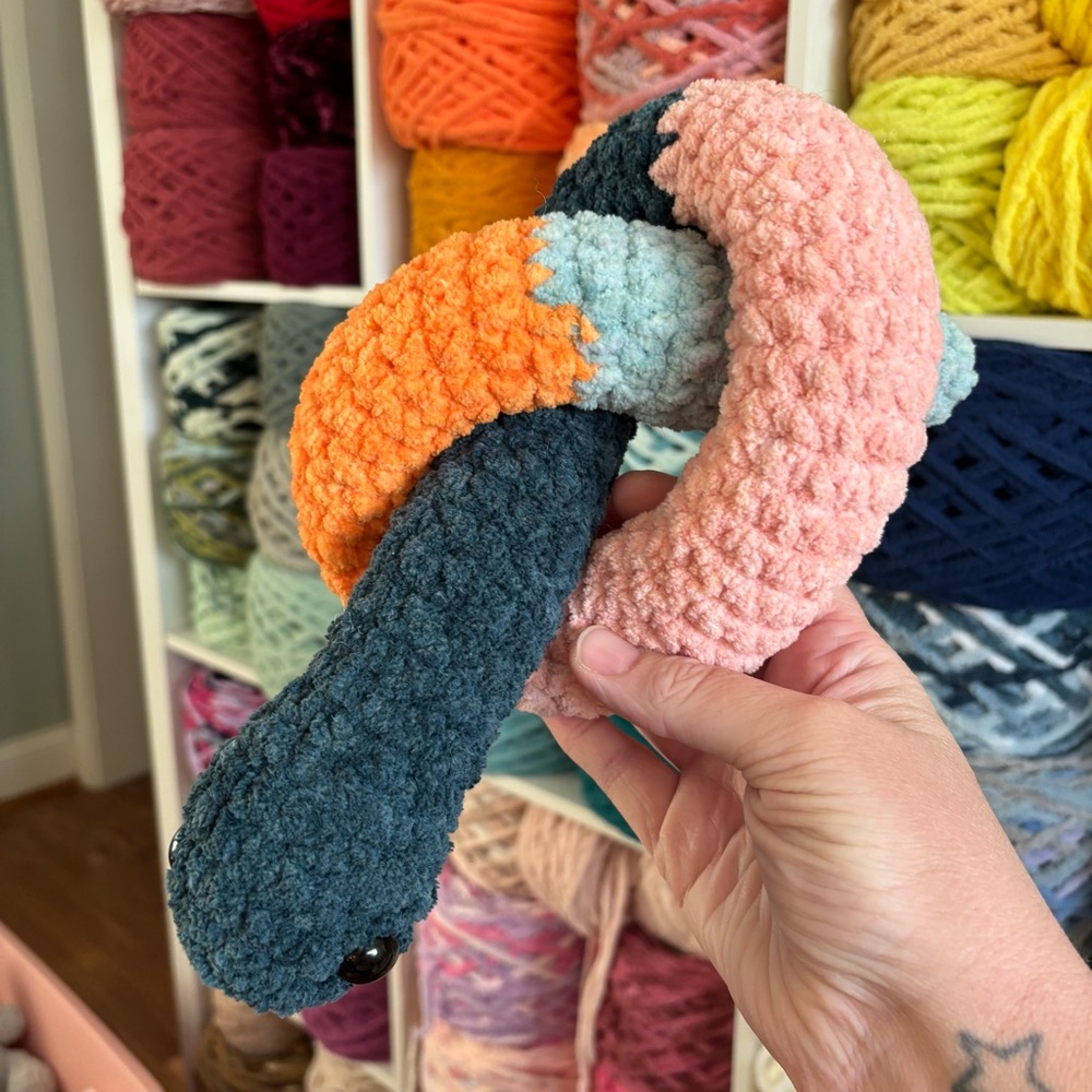 Handmade crochet scrappy snake plush